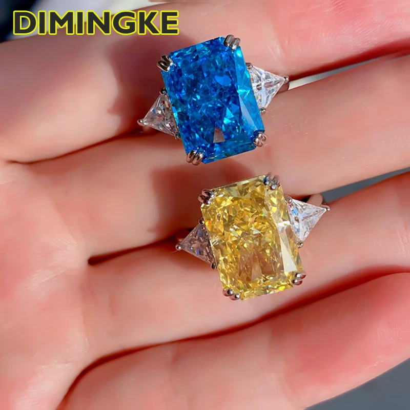 

DIMINGKE 100%-S925 Sterling Silver 10*14 Aquamarine Yellow Diamond Woman Stone Ring Essence-Jewelry Wedding Cocktail Party Gift