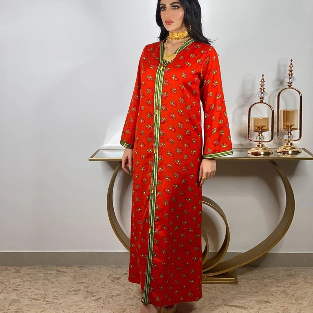 

Women Ethnic Arabic Dress Long Loose V Neck Full Sleeves Braid Trim Printed Dubai Abaya Jalabiya Caftan Kuwait Morocco Party Eid