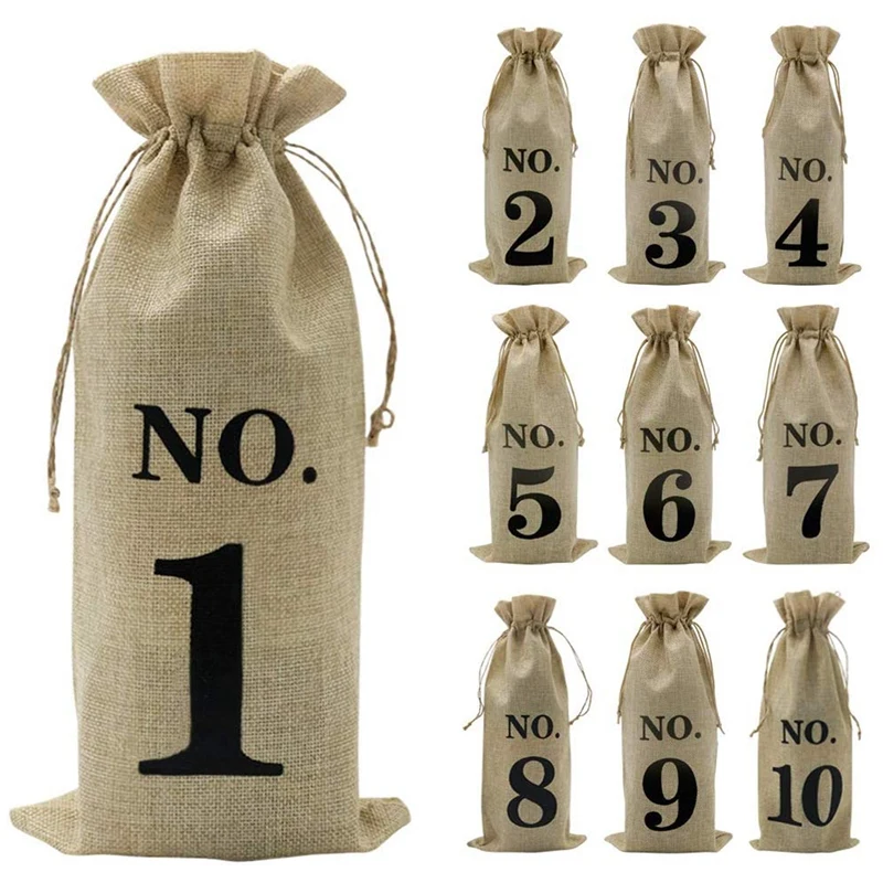 

10Pcs Jute Wine Bags, 14 x 6 1/4 Inches Hessian Numbered Wine Bottle Gift Bags with Drawstring for Blind Wine Tasting (Brown)