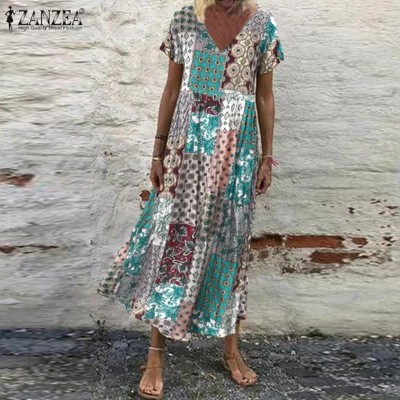 Женский летний сарафан ZANZEA винтажное длинное платье с V-образным вырезом