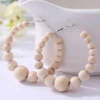 white natural round wooden beads hoop earrings geometric holiday style custom wood jewelry for women gift