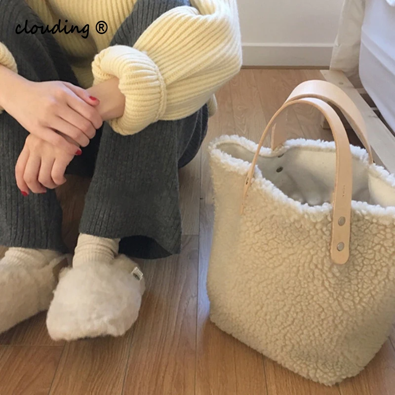

Korea Stlye Women Handbag Large Capacity Winter New Soft Wool Plush Woman Bags Ladies Totes Shopping Bag Bolsa Feminine White