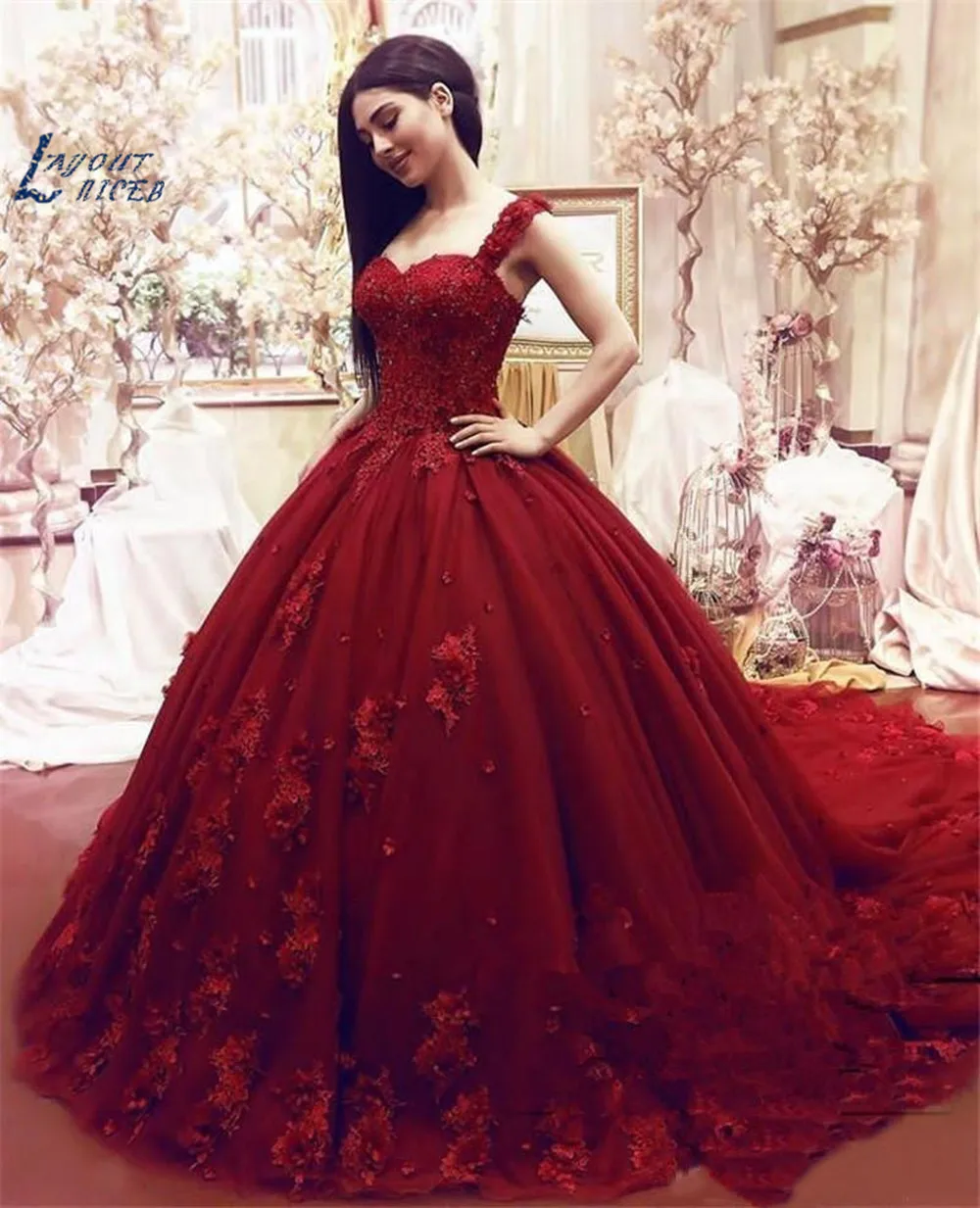 

LAYOUT NICEB 2022 Fashion Sweet 16 Quinceanera Dress Ball Gown Lace 3D Floral Appliques Beaded Puffy Long Prom Evening Gowns