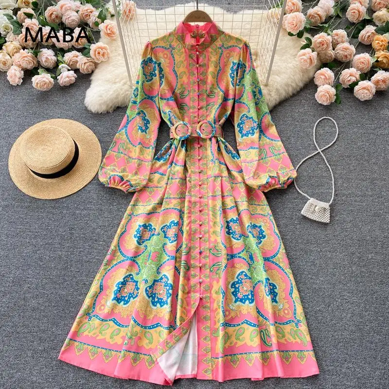 

2021 Fall New Floral Print Dress Women Stand Collar Puff Sleeve Single Breasted Sashes Vintage Dress Designer Robes New Vestidos