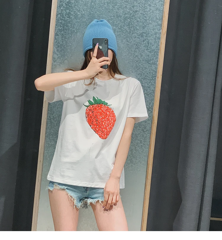 

2021 women's summer new short sleeve high quality high-definition printed fruit strawberry cotton casual T-shirt