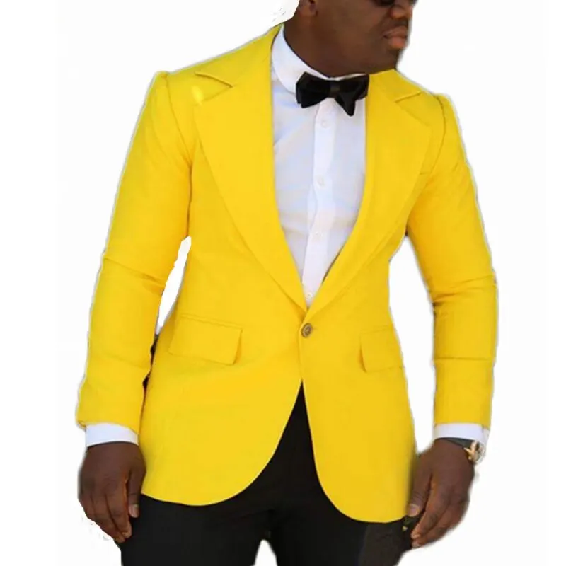 

2020 Fashion Yellow Jacket with Royal Blue Pants Groom Tuxedo Custom Made Big Lapel Men Wedding Suits Blazer Two Piece mens suit