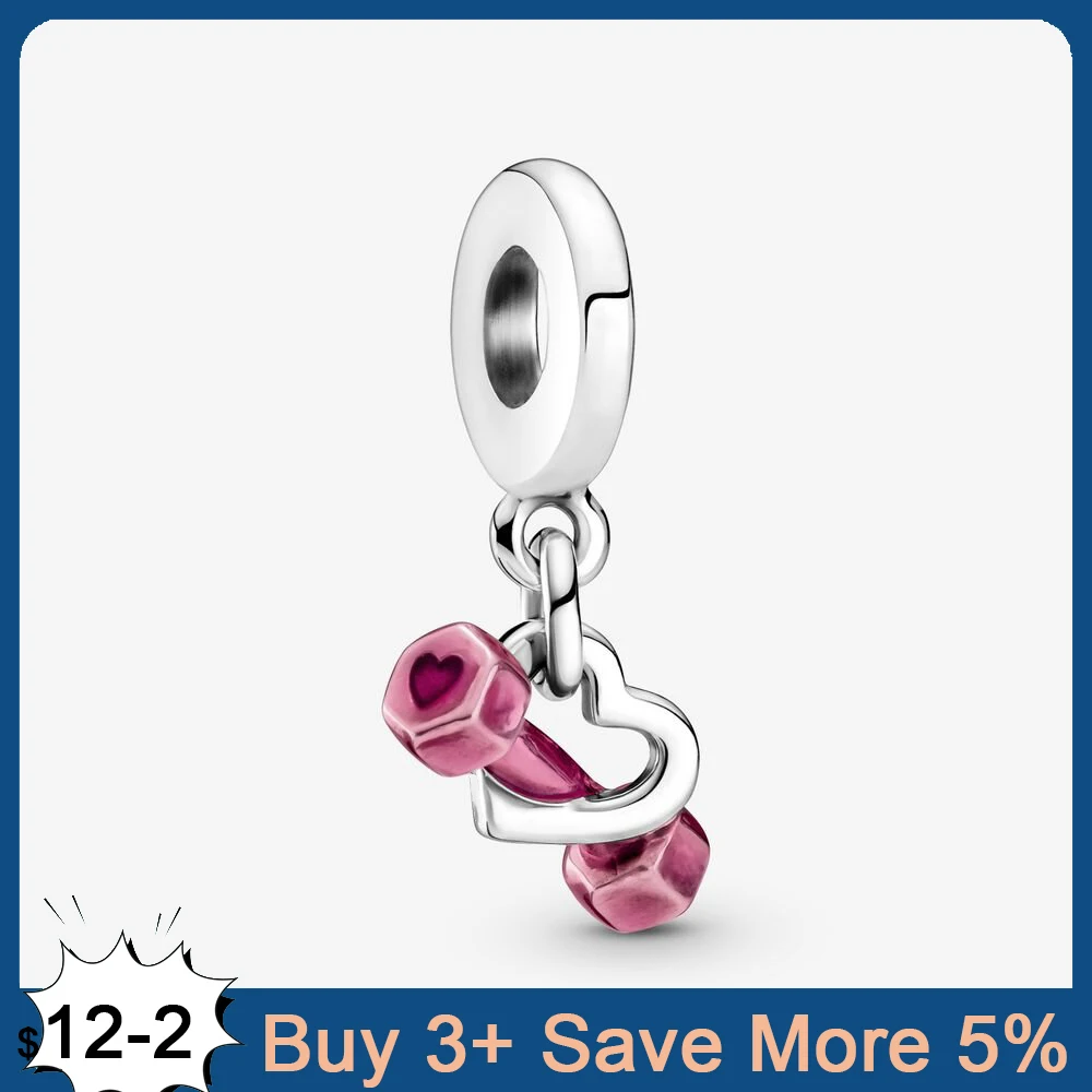 

925 Sterling Silver Charm Dumbbell And Heart Beads Fit Original Pandora Bracelet Fine Silver Jewelry Making DIY Gift