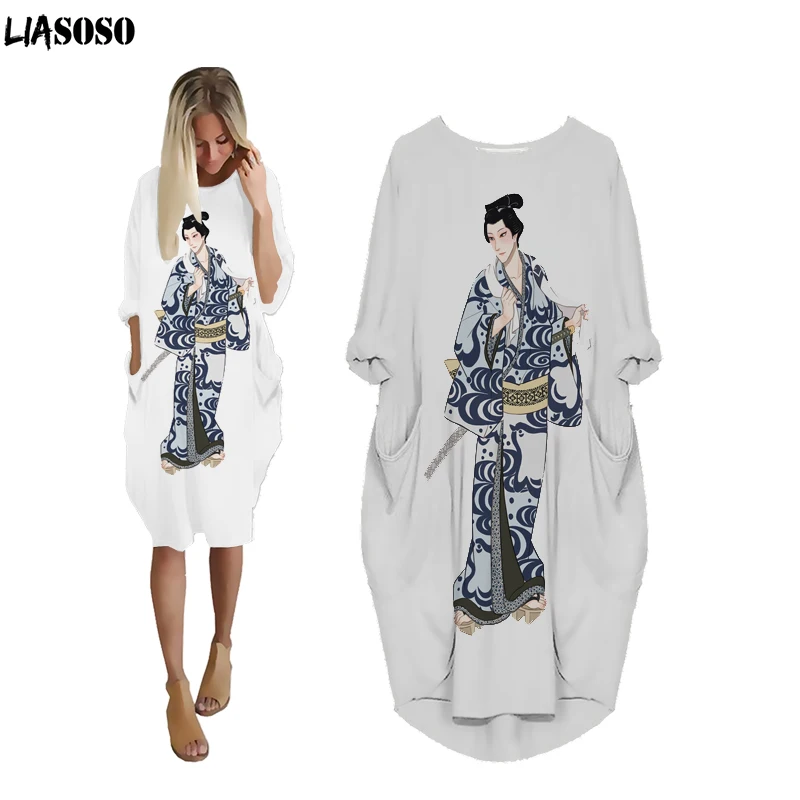 

LIASOSO Japanese Popular Oiran dress 3D Printing Ladies Harajuku HipHop Fashion Knee-Length Ladies Loose Summer Pocket Dress