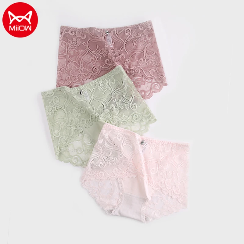 

3 шт., женские кружевные бесшовные трусики со средней посадкой