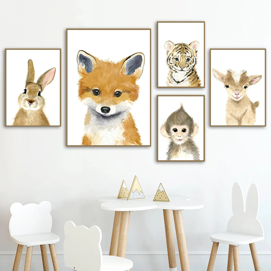 Плакат на холсте с животными слон Зебра лиса кролик медведь жираф|Рисование и