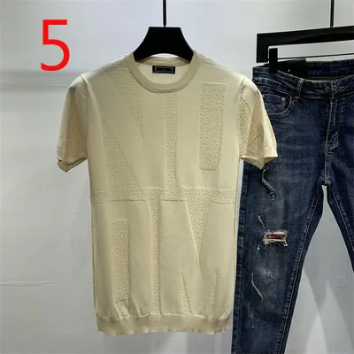 

T-shirt men's striped contrast ice silk half-sleeved summer tight color-block knit T-shirt thin short-sleeved top