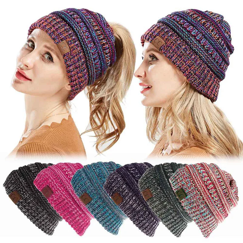 

New product special offer mixed color knitted woolen hat ladies non-labeled ponytail hat outdoor color matching warm hat