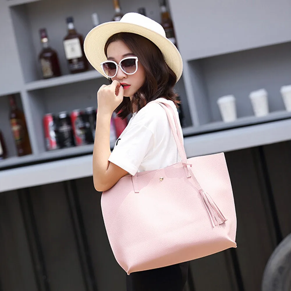 

Women Girls Pure Color Tassels Large Capacity Shoulder Bag Female Shopping Handbag Shoulder Tote Bag Sac A Main Femme