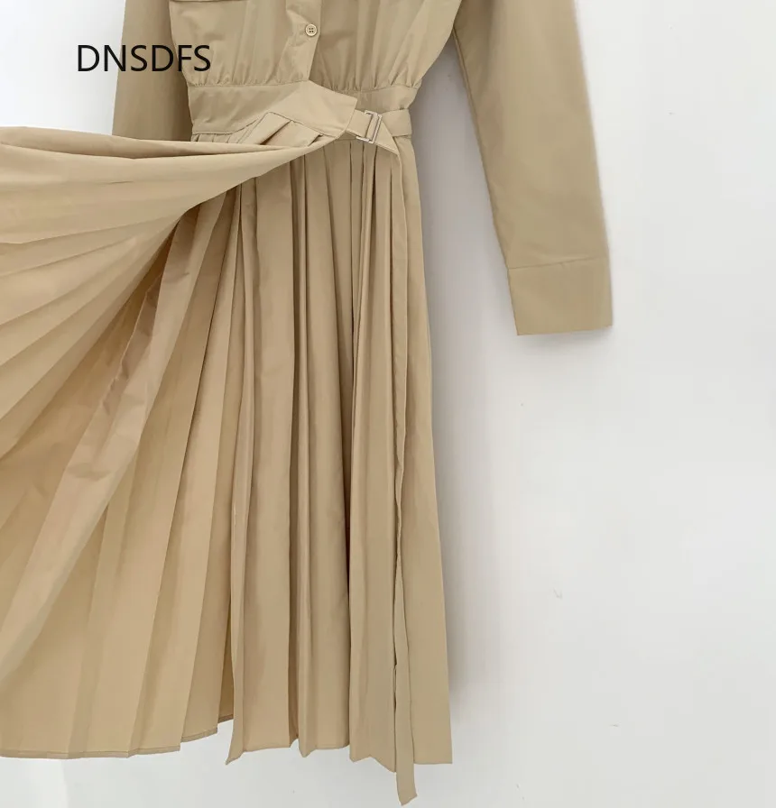 

Office Dress Women Khaki Black Lapel Long Sleeve Cotton Dress Korea's Chic Button Up Slim Side Split Workwear Pleated Dresses