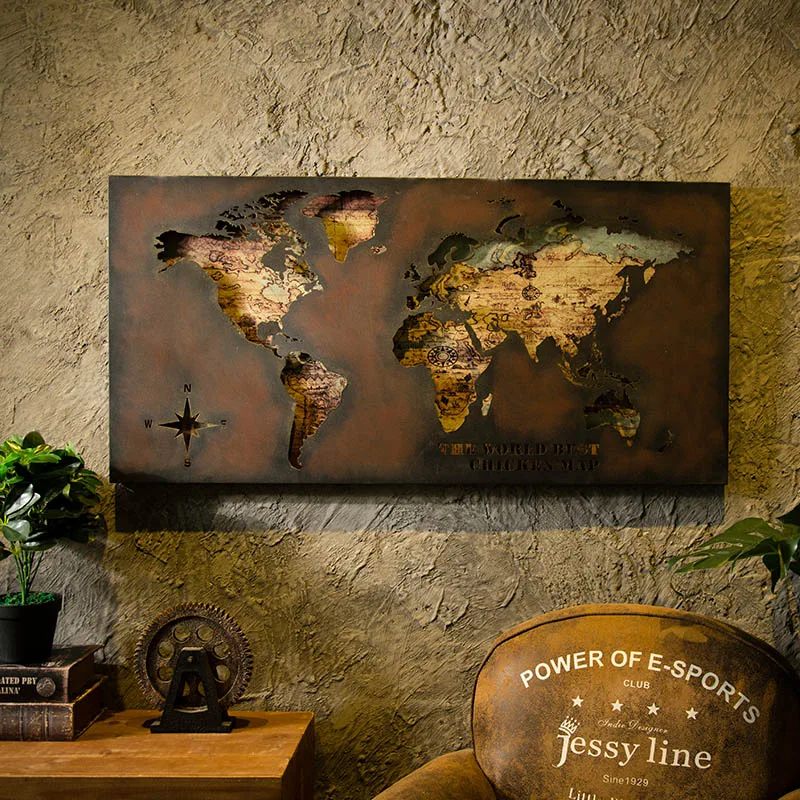3D World Map Painting Board Bar Restaurant Wall Pendant Personality LOFT Industrial Wind Living Room Bedroom Decorations | Дом и сад