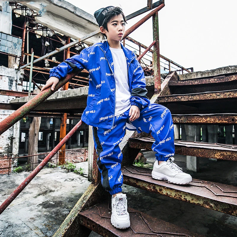 Костюмы для уличных танцев мальчиков детская одежда хип хопа синяя с длинными