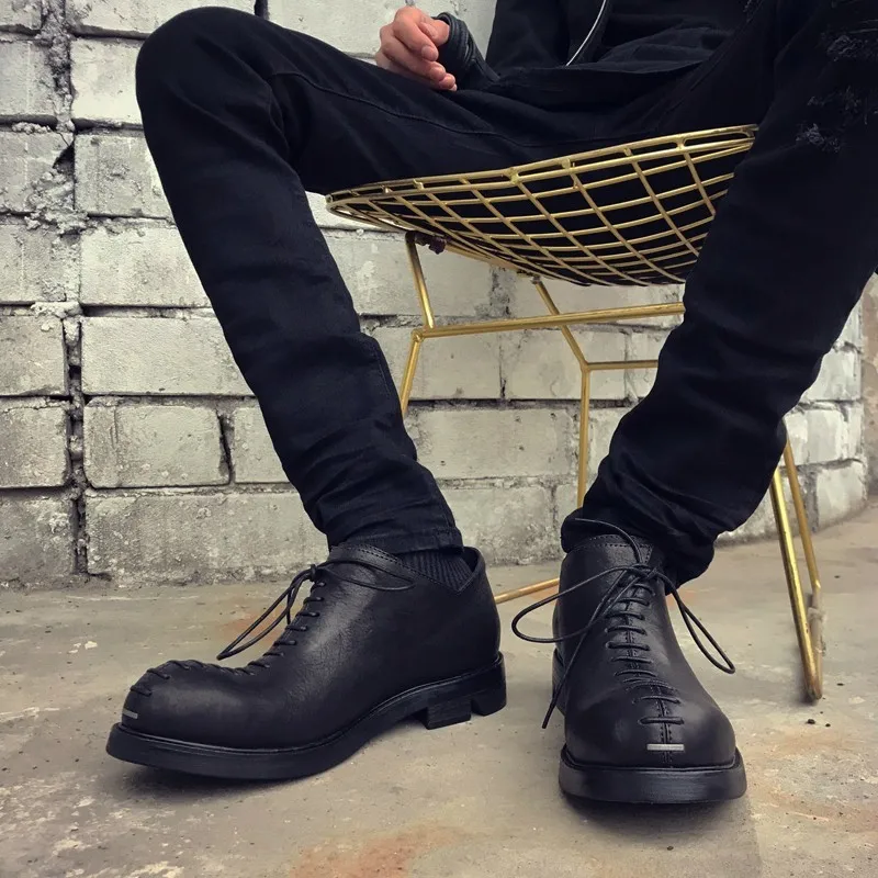 Мужские классические туфли Harajuku винтажные из натуральной кожи на толстой