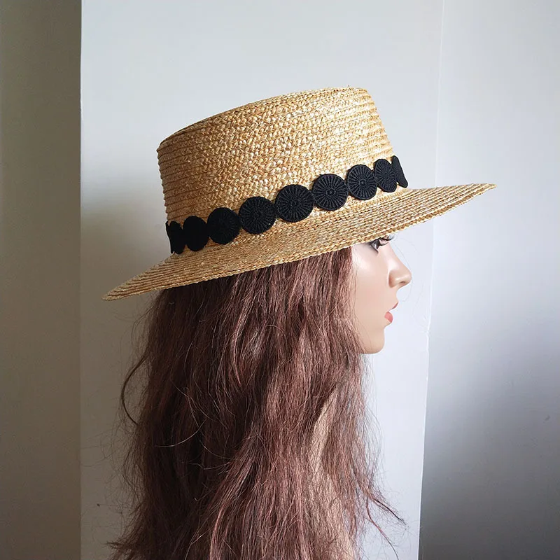 

Retro Wide-Brimmed Flat-Top Lace Decorative Straw Hat Ladies Summer Sunscreen Breathable Sun Hat Beach Outdoor Vacation Sunhat
