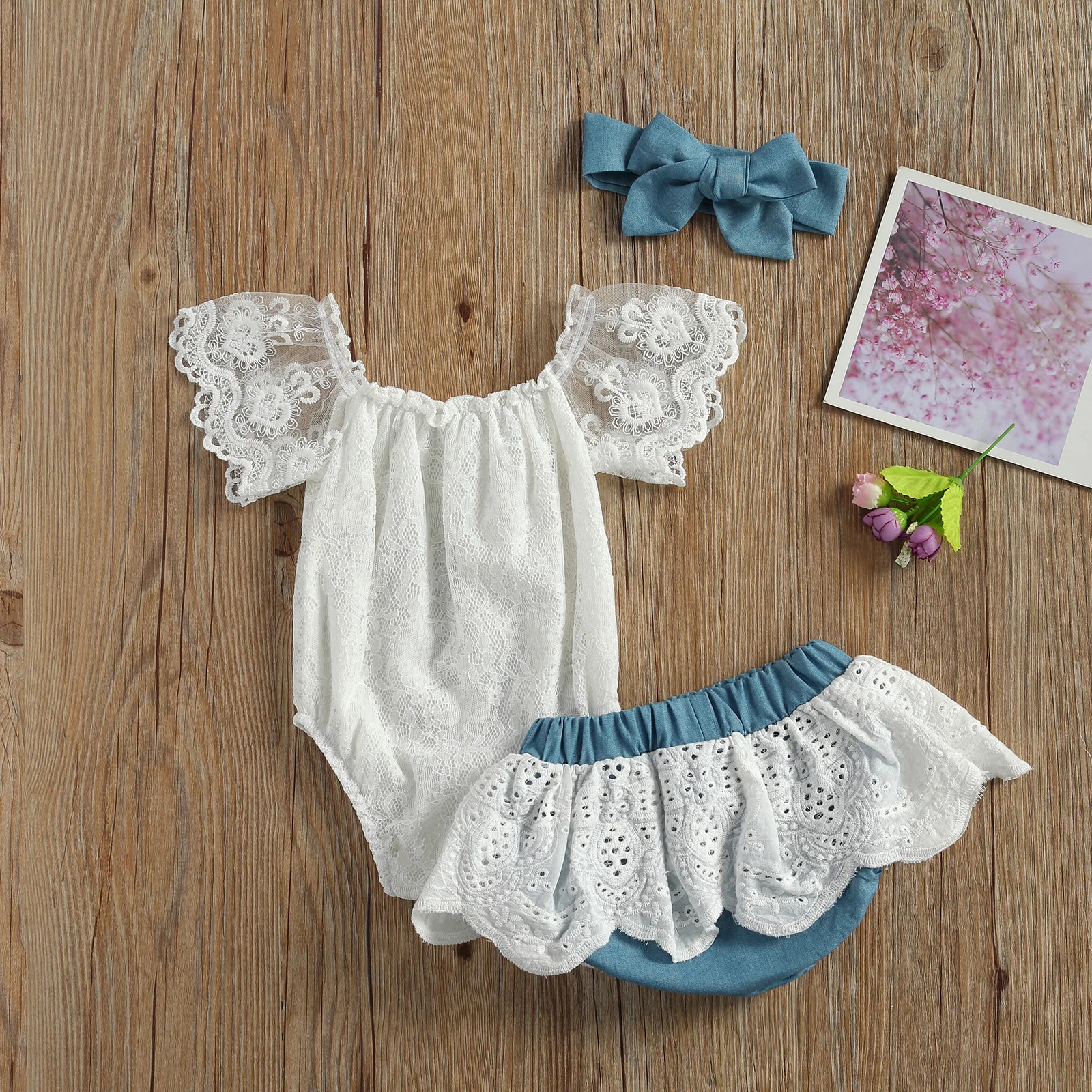 

Pudcoco 2021 Summer 0-18M Toddler Baby Girl 3Pcs Set Lace Off Shoulder Short Sleeve Bodysuit+Skirt Shorts+Blue Headband Infant