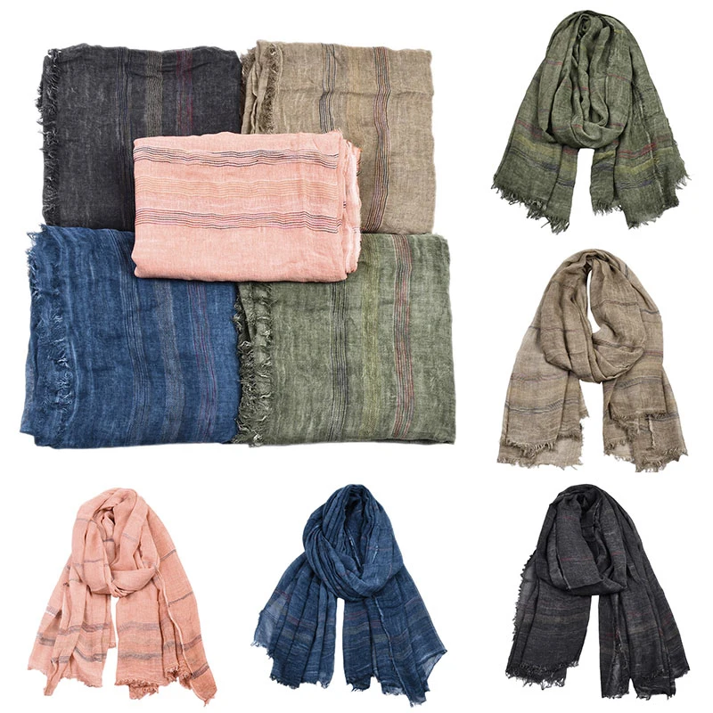 

Oversized Scarves Yarn-dyed Striped Solid Color Cotton Linen Women Hijabs 190*90cm Soft Tassels Men Scarf Long Shawl 2020