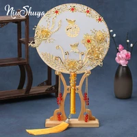 niushuya new bridal fan chinese vintage handmade silk round fan holding flower ancient gold fan wedding accessories