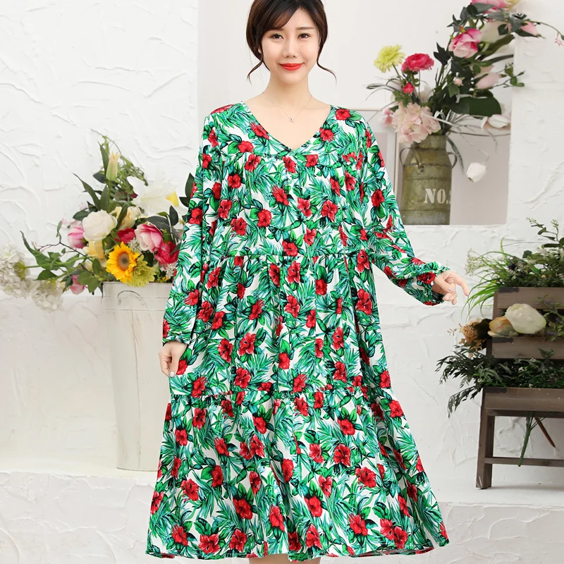 

New Summer Plus Size Dress Women Vintage Loose Lantern Sleeve Elegant Dresses O-Neck Oversize Long Sleeve Dress Female Clothing