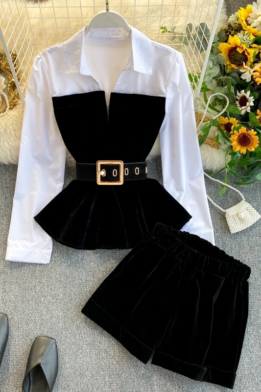 

2021 Spring Autumn Long Sleeve Velvet Tops With Belt Elastic Shorts Two Piece Set Women