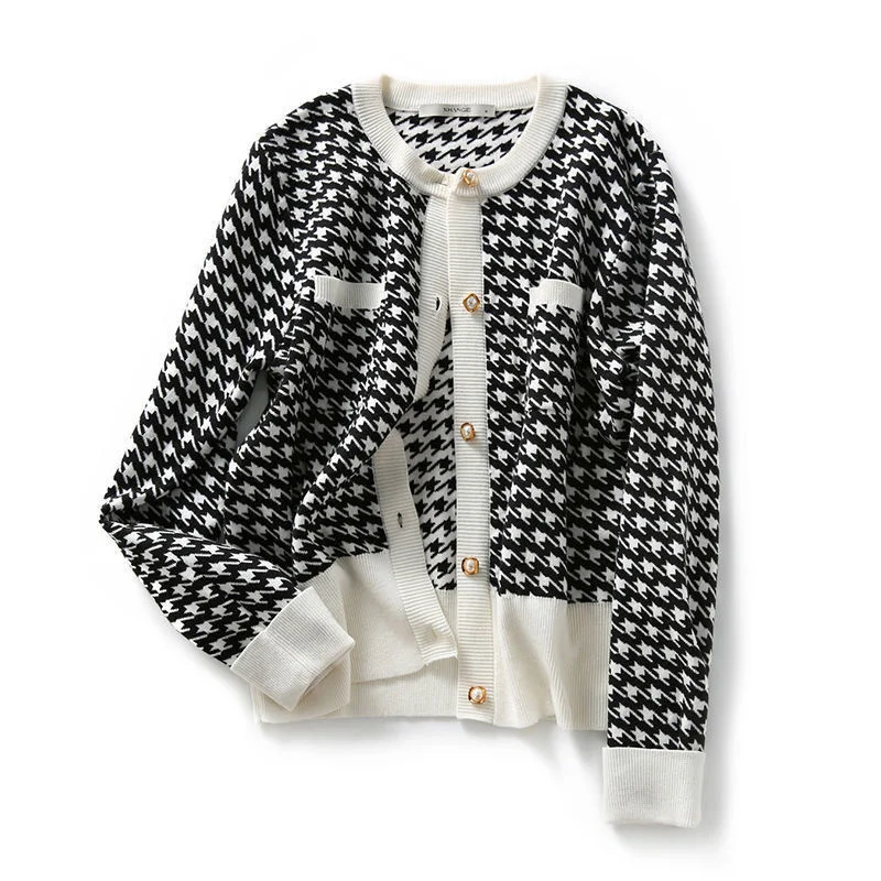 

Houndstooth Women Clothing Women Suit Jumper Sweaters Cropped Cardigan Cute Tops Long Sleeve Crochet Top Knitted Vintage Striped