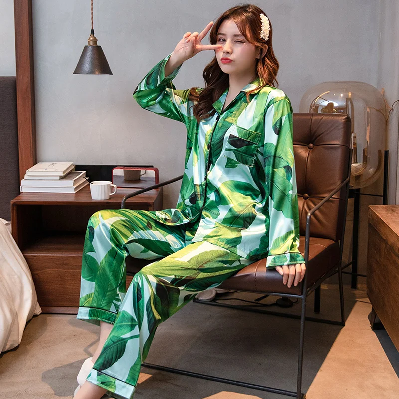 

2020 Band Autumn Women Pajamas Sets Satin Pajamas Set Long Sleeve Sleepwear Suit Green Turn-down Collar Female Homewear