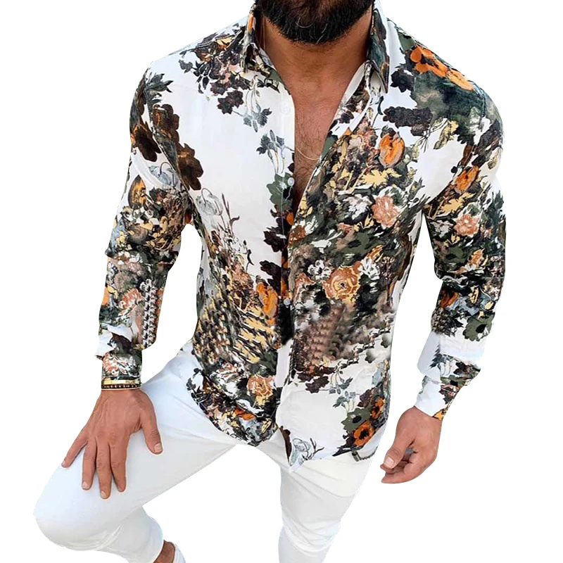 

Hot Sale Men's Holiday Floral Printed Shirts Social Business Buttons Male Casual Slim Fit Long Sleeve Blouse Autumn Fashion Tops