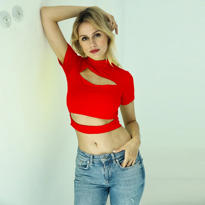 

2020 summer new women's sexy openwork exposed navel short-sleeved round neck top