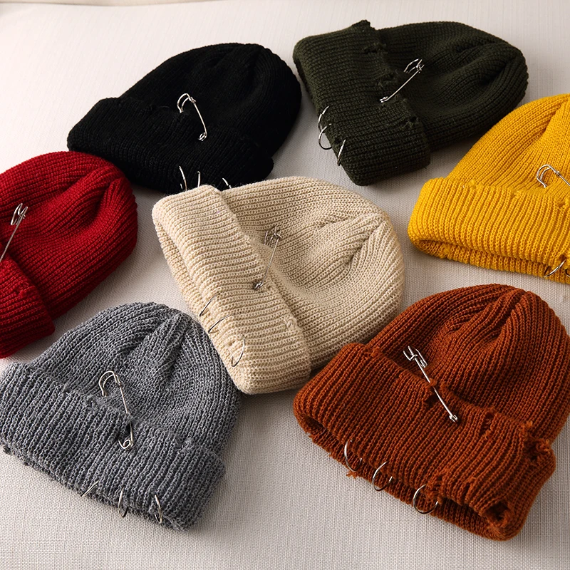 Men Hip Hop Harajuku Skullies Beanies Hats Ripped Holes Knitted Plain 2021 Autumn Winter Soft Cotton Warm Caps | Аксессуары для