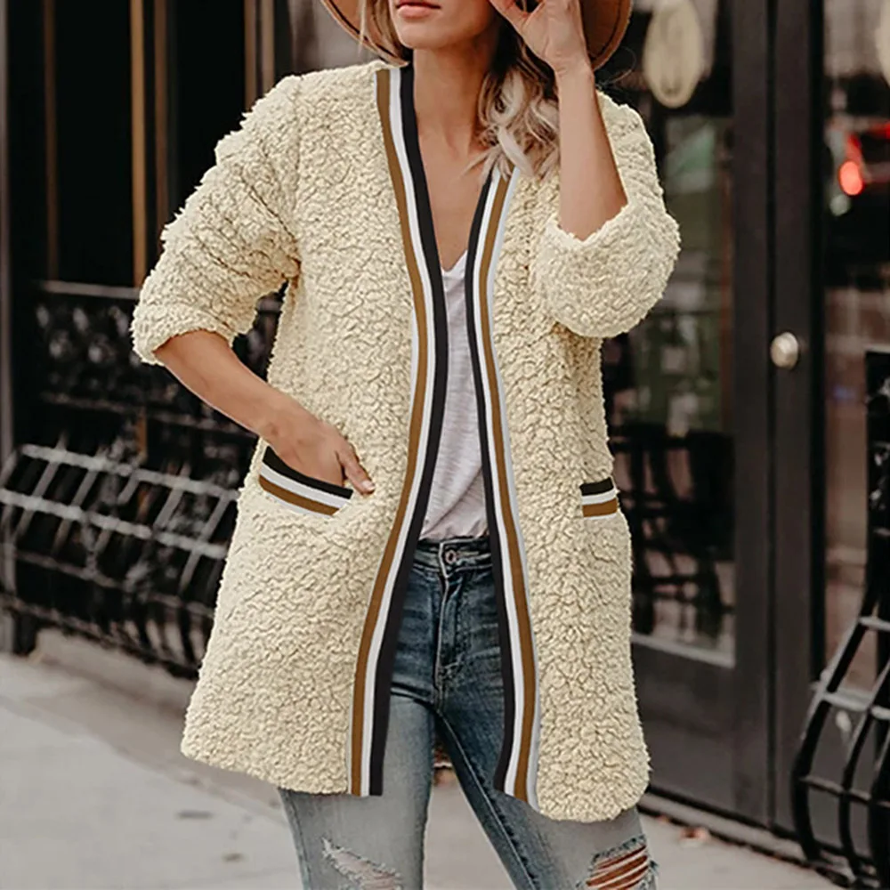 

Women Fashion Teddy Coat Young Female Warm Spring Trench Slim Jacket Western Casual Stripe Color Block Fur Cardigan Christmas