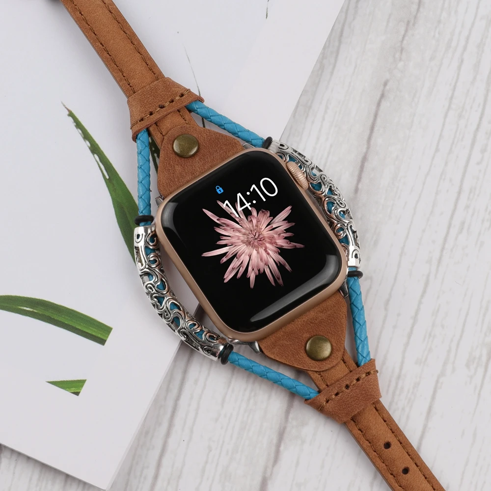 Винтажный кожаный ремешок для Apple Watch Band женский твист полоса ремешок заклепки с металлической веревкой браслет нарядный стильный iwatch серия