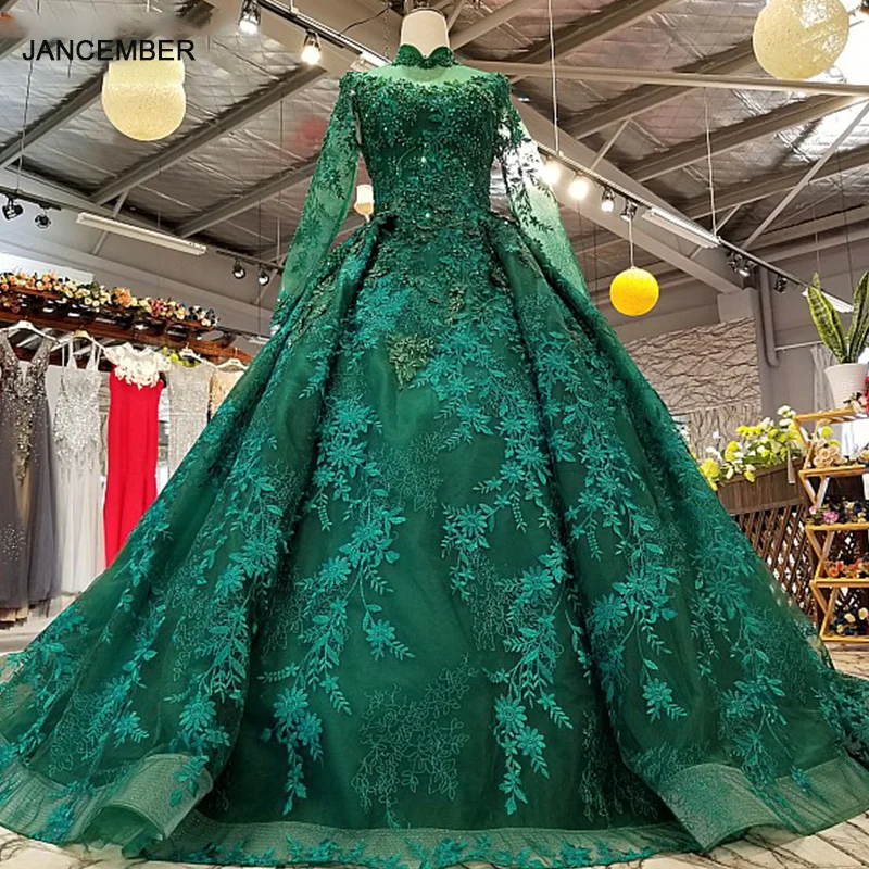 

LS0181 Royal Green High Neck Party Dresses Long Tulle Sleeve Lace Up Back Ball Gown Beauty Evening Dress For Women Real Price