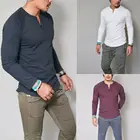 Новая модная мужская хлопковая Приталенная футболка с V-образным вырезом и длинными рукавами, повседневная мужская однотонная свободная футболка, размера плюс