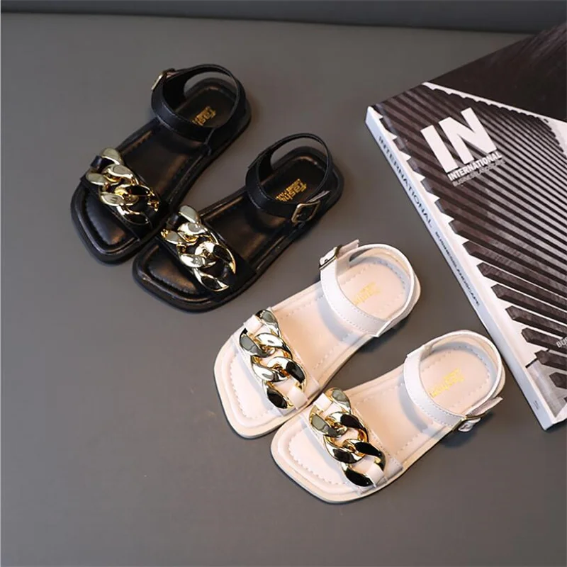 

Kids Sandals 2021 Fashion New Children Open Toe Beach Shoes Metal Chain Girl's Queen Style Shoes 5-9 Years Old