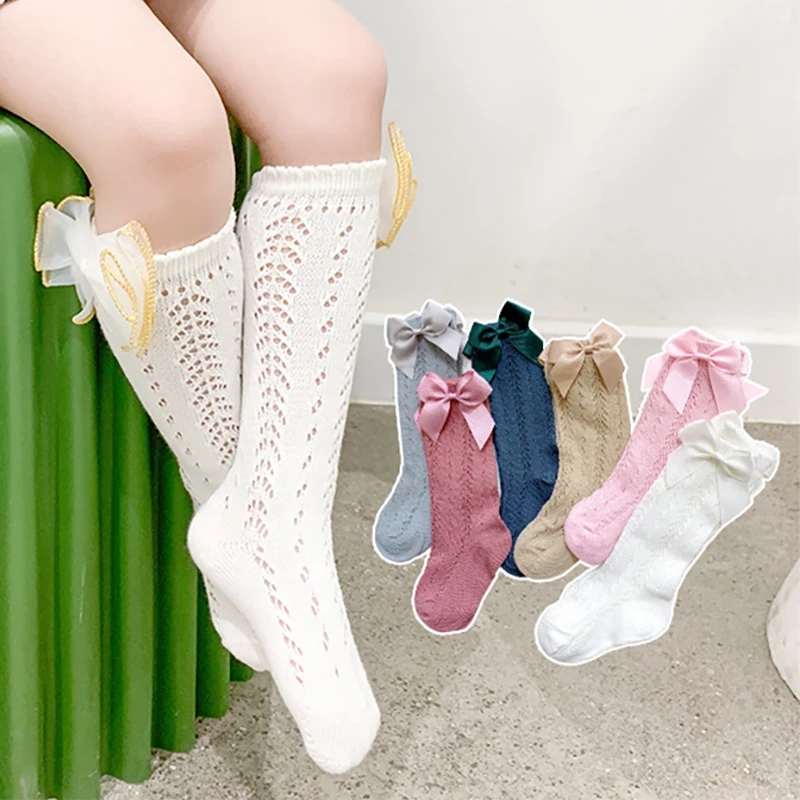 Calcetines antideslizantes de princesa para ni&ntilde;as, medias hasta la rodilla con lazo, para primavera y verano, 6 pares-1