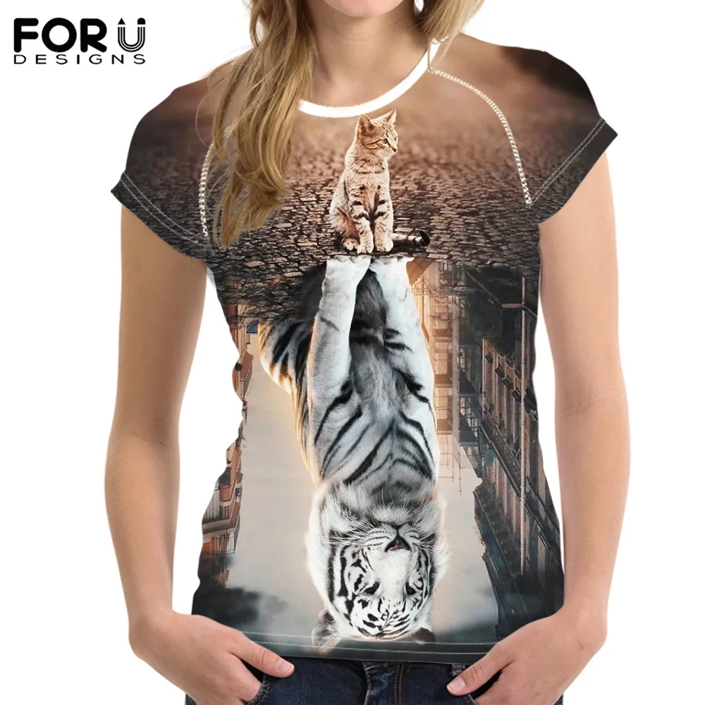 FORUDESIGNS/женские футболки с принтом кота и тигра; модные летние топы с короткими рукавами; одежда для бодибилдинга; футболки для девочек
