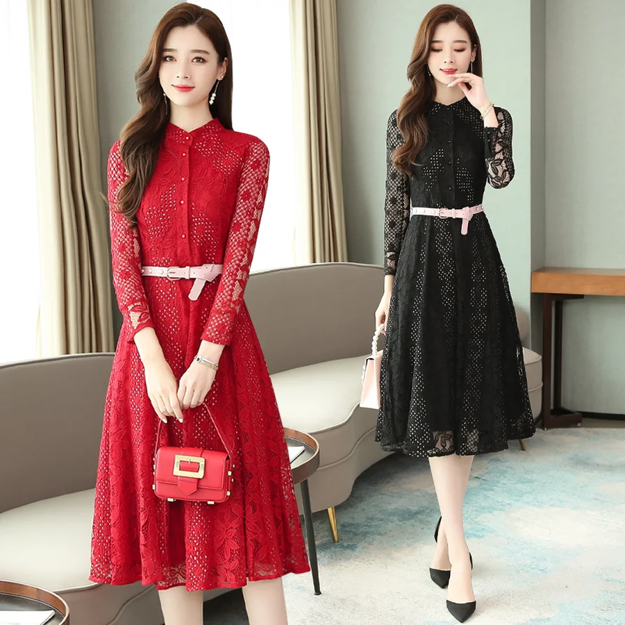 Женское винтажное платье миди красное кружевное с длинным рукавом черное