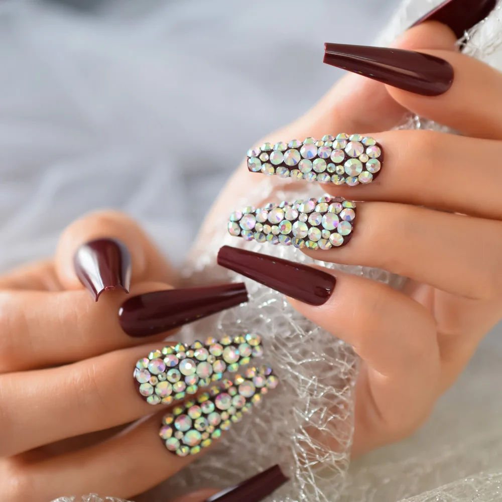 

Чистый красный цвет дизайн с искусственными бриллиантами Стразы сверхдлинный гроб полное покрытие накладные ногти принадлежности для про...