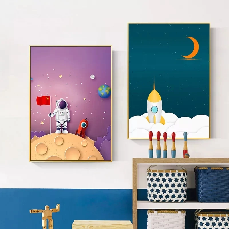 

Cartoon Oil Art Children Hand Painted Rocket Astronaut Space Graffiti Pattern Family Wall Art Decoration Painting Home Decor