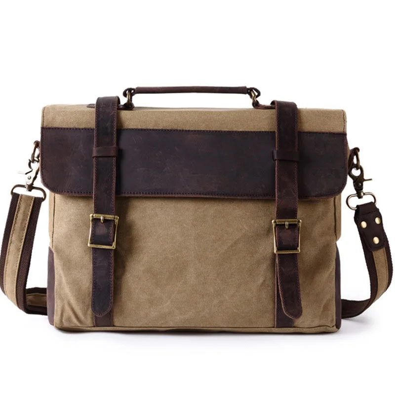 khaki Винтажный кожаный холщовый портфель, сумки-мессенджеры, мужские Портфели Сумка для ноутбука, мужская сумка для компьютера - Цвет: khaki