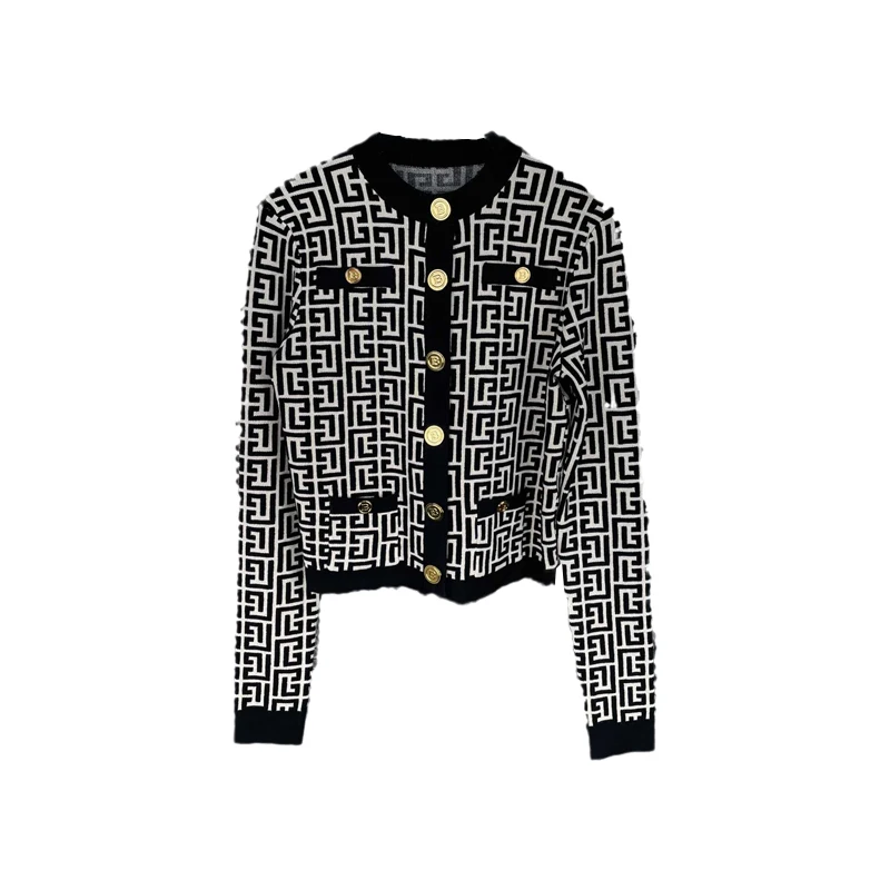 

Womens Loose Fit Knitted Cardigan Sweater Long Sleeve Crew Neck vintage Plaid Sweatshirt Top