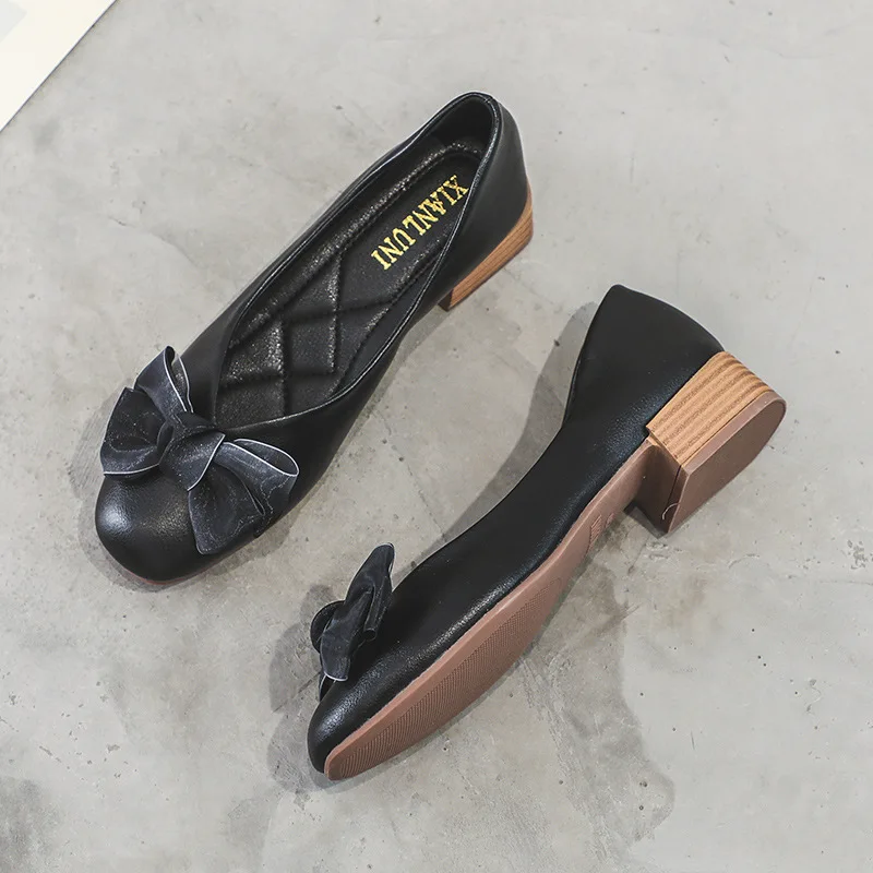 Women's Square Head Chunky Heel Bow Fairy Gentle Semi-High Heeled Bottom Shoes Designer Shoes Women Luxury 2021 Woman Shoes