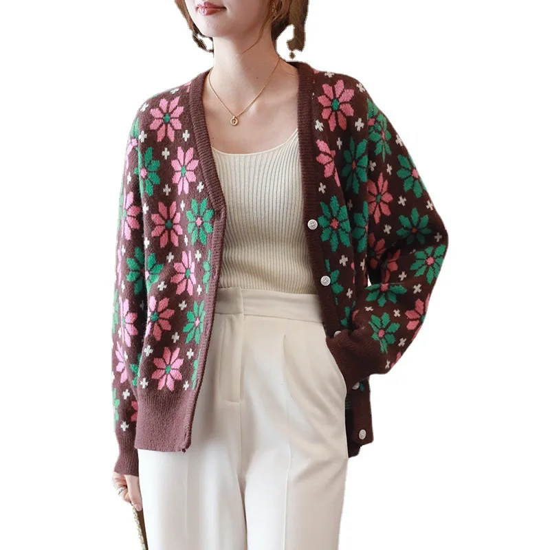 

Retro knitting sweater cardigan female flower fall 2021 new v-neck leisure coat color with a jacket