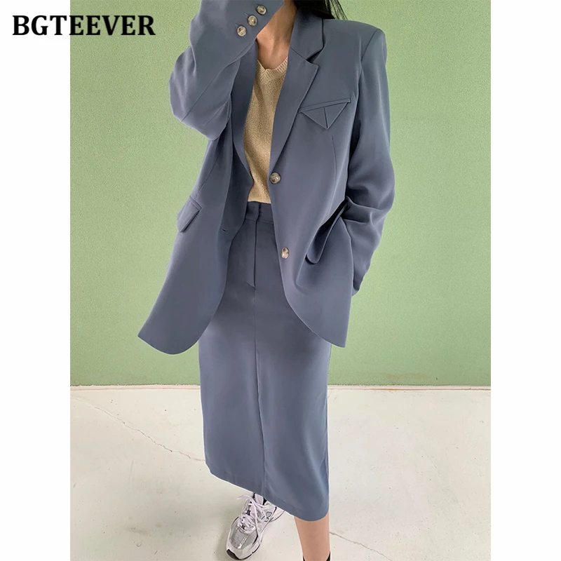 

BGTEEVER Chic Loose Women Skirt Suits 2021 Autumn Winter Blazer Set Long Sleeve Jackets & High Waist Ladies Pencil Skirts