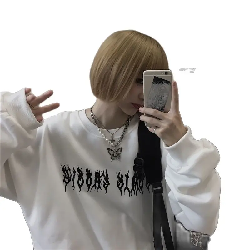 

M.Y.FANTASY 2021 Streetwear Oversized Sweatshirts Women Gothic Printed Black Couple Hoodies Hip Hop Cool O-neck Autumn Men's Pu