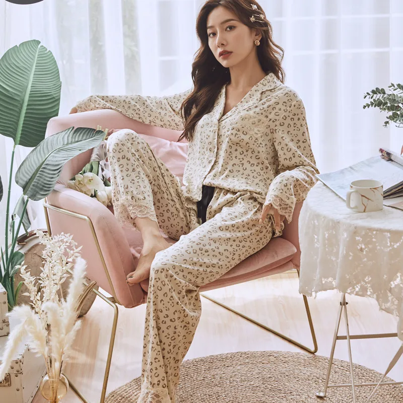 

Summer Spring 2PCS Sleepwear Women Satin Pajamas Set Long Sleeve Shirt&Pants Lace Patchwork Sleep Set Female Silky Pyjamas Suit