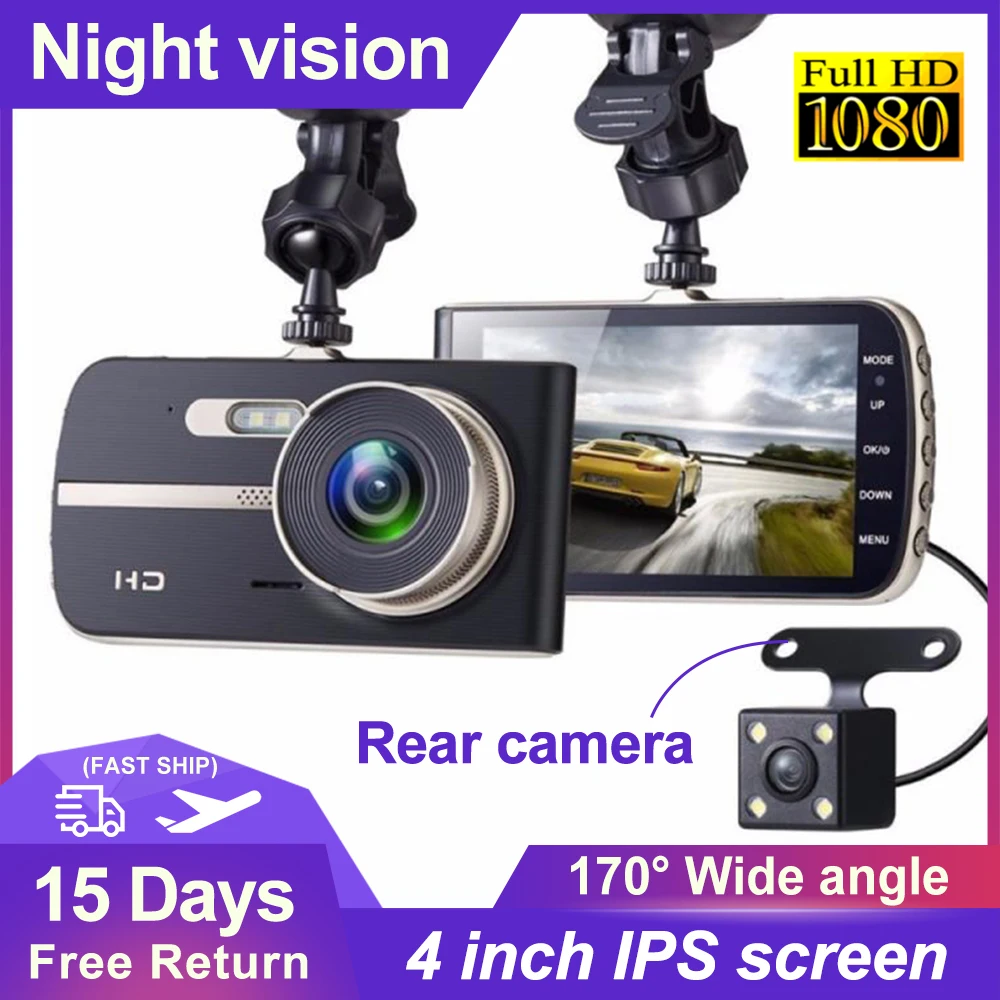 

Car Dvr 4 Inch FHD 1080P Dash Cam Dual Lens Night Vision G Sensor Rear View Auto Recorder Motion Detection Video Recorder